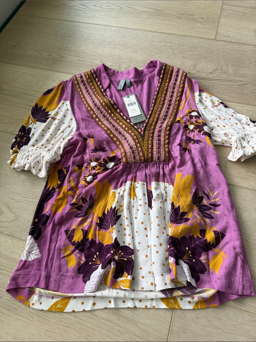 Petite Blank UK Embroidered V‑Neck Top in Purple, Pink & Mustard